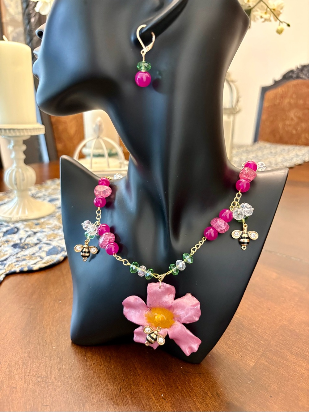 Handcrafted Pink Flower & Bead Necklace with Matching Earrings